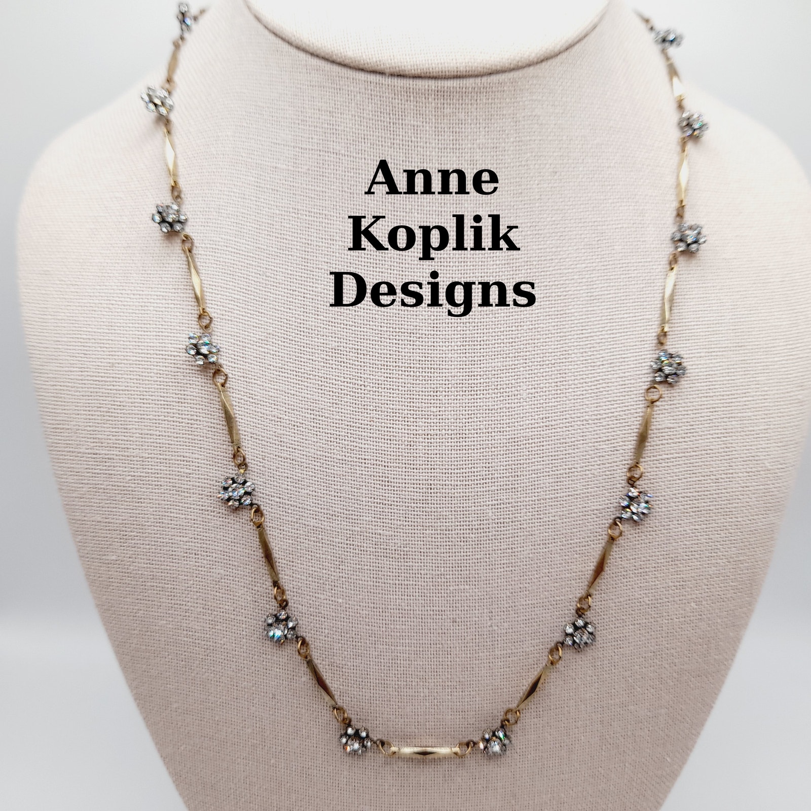 Anne Koplik Designs Necklace Clear Rhinestone Floral Clusters, Signed Vintage